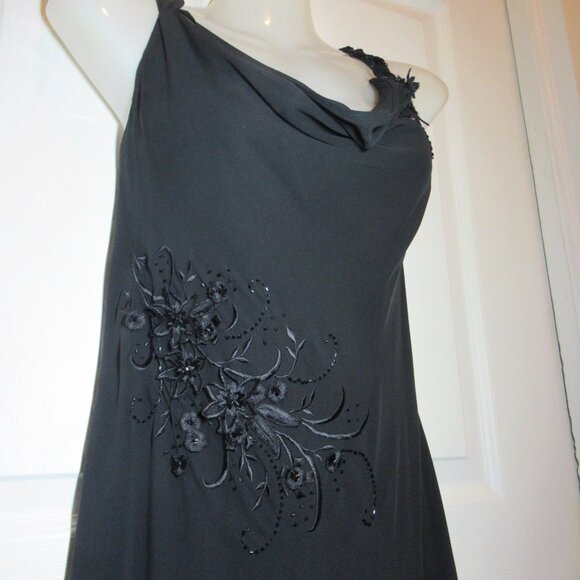 Adrianna Papell Black Chiffon Gown Floral Applique Beads EUC Whimsigoth Cowl - Picture 9 of 16